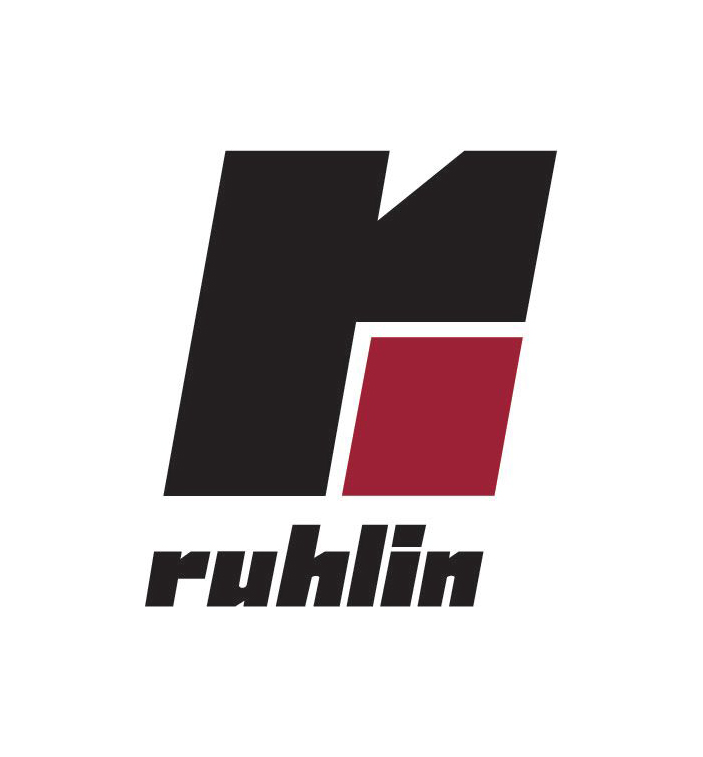 Slightly slanted lowercase black "R" with a red square under the curve. Underneath, "ruhlin" is written in lowercase black letters.